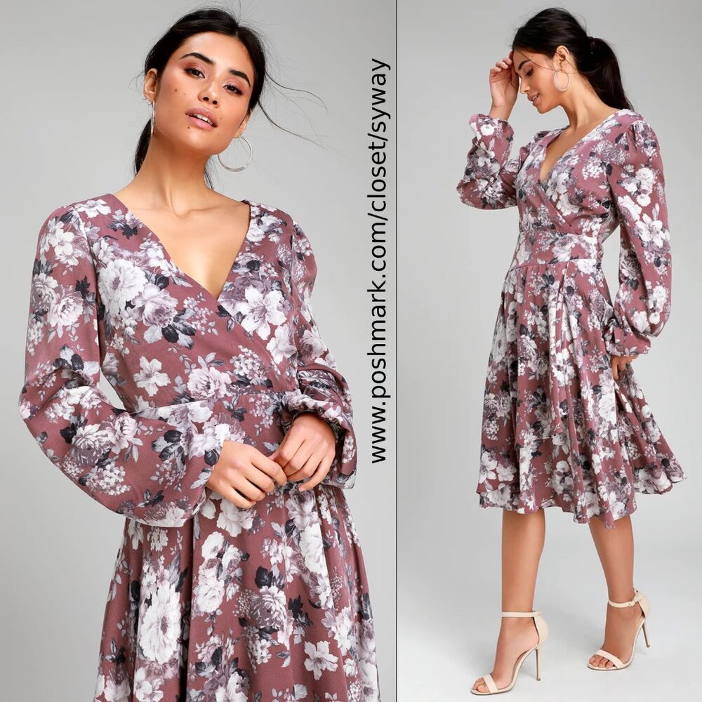 NWT Lulus Lunette Dusty Purple Floral Print Midi Wrap Dress
